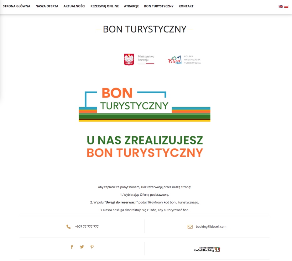 Przykładowa strona z ofertą bonu turystycznego - IdoSell Booking