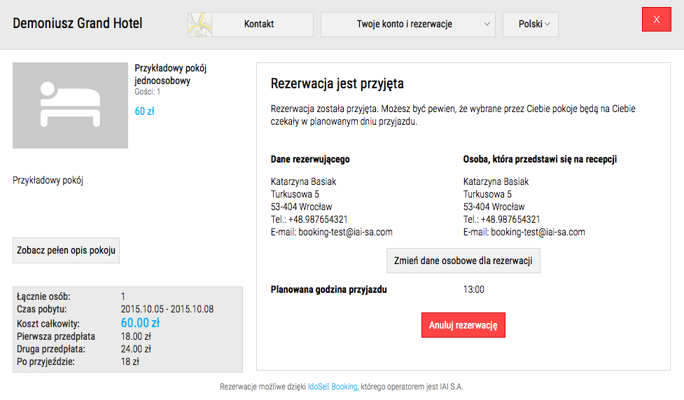 Widget - okno potwierdzenia przyjęcia przedpłaty