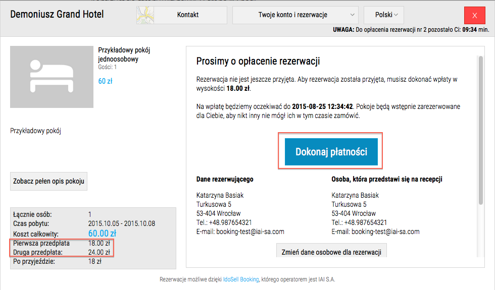 Widget - okno opłacenia rezerwacji
