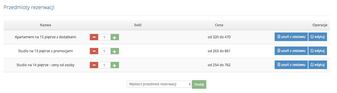 Obiekty wchodzące w skład zestawu