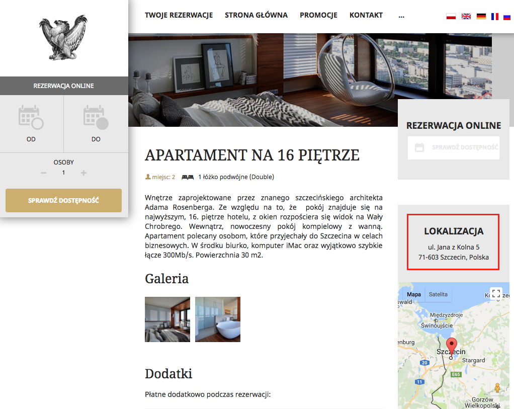 Adres miejsca noclegowego widoczny na Wizytówce