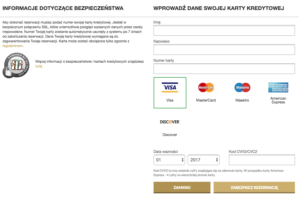 Wpisywanie przez gościa danych karty płatniczej