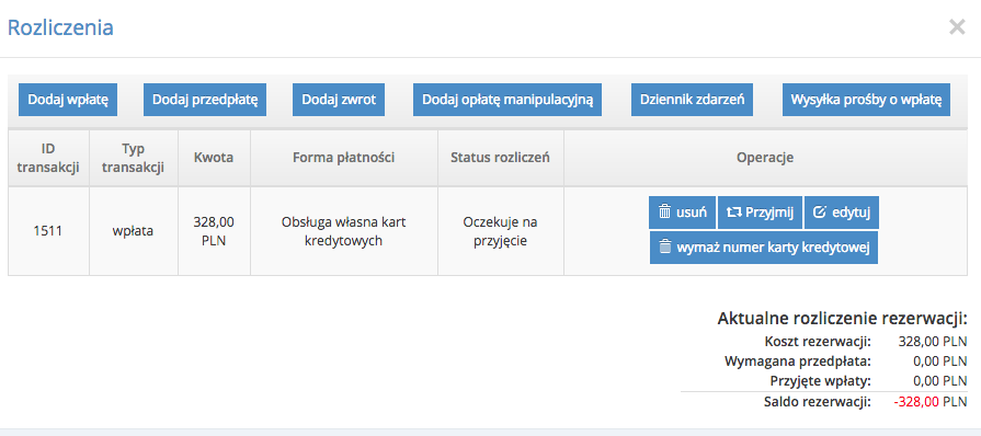 Widok sekcji rozliczeń w przypadku podania przez gościa danych karty kredytowej