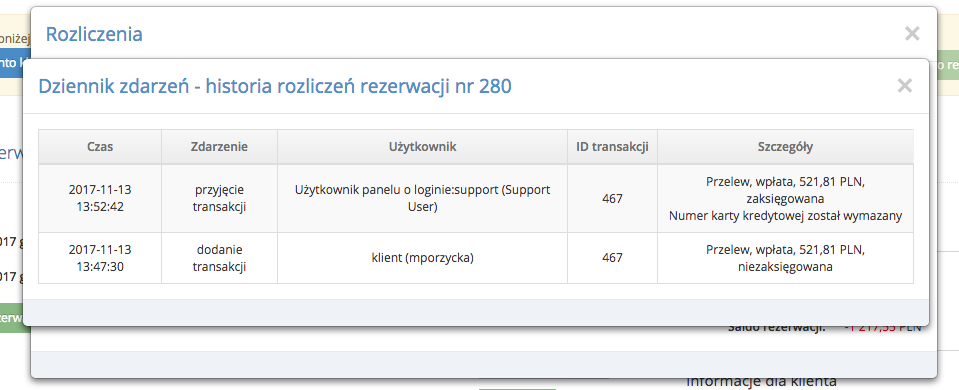 Historia rozliczeń konkretnej rezerwacji