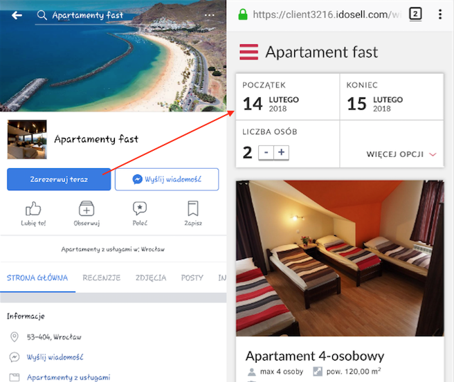 Składanie rezerwacji na urządzeniach mobilnych na stronie Facebooka
