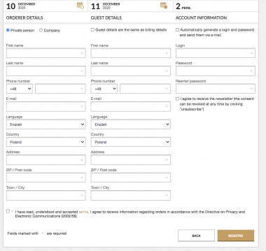 Registration form in Booking Engine