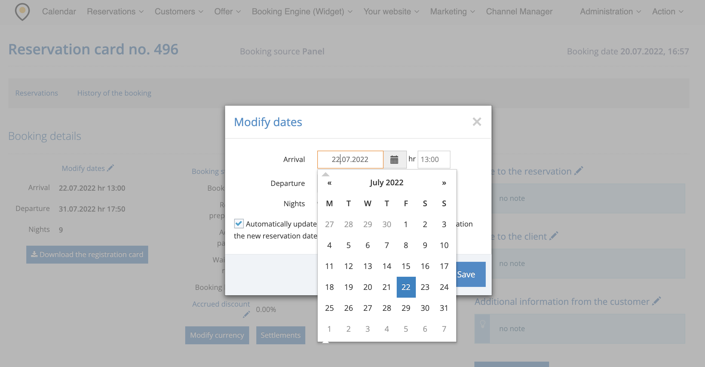 edit dates on booking card