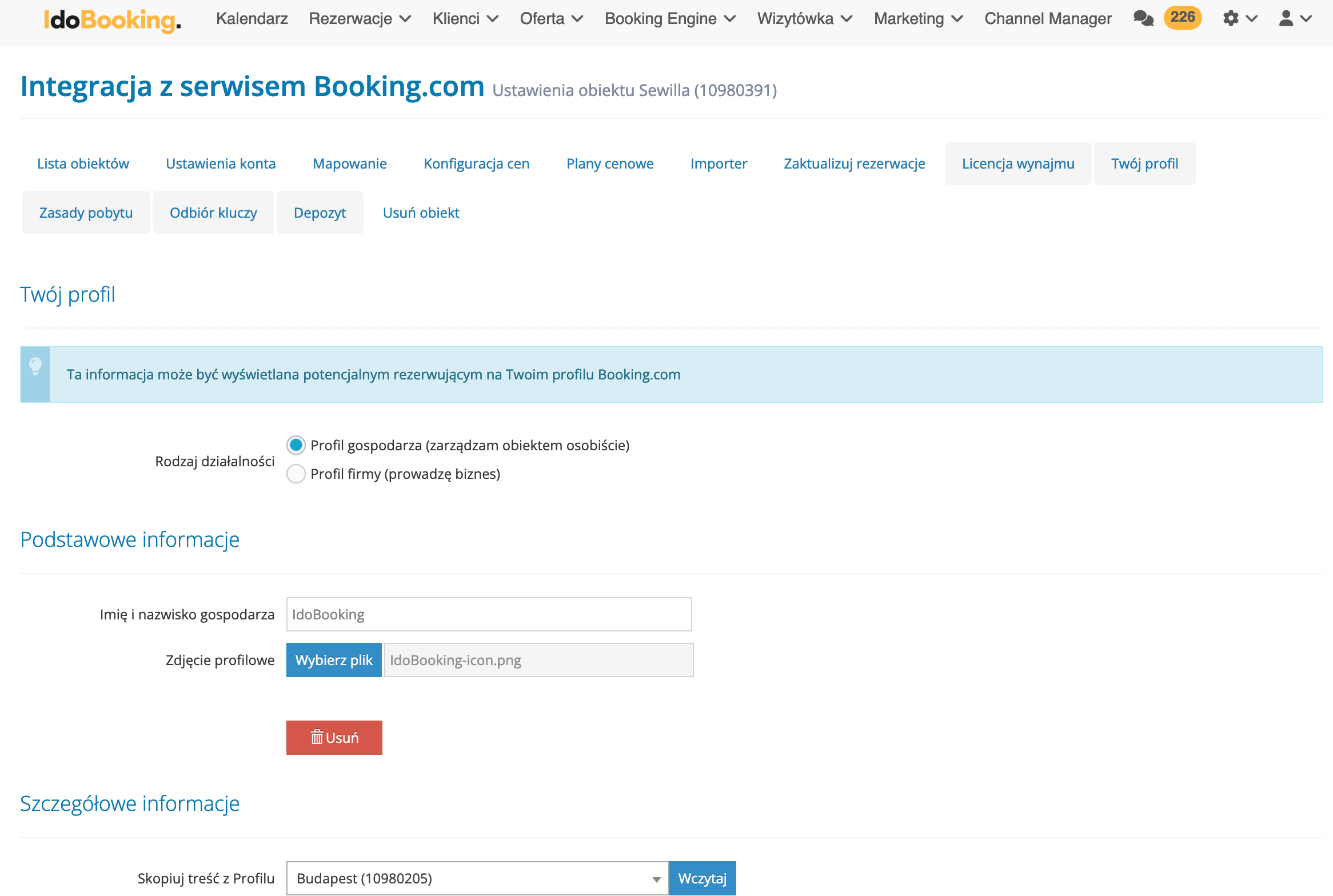 Profil firmy w Booking.com