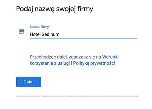 Konfiguracja Google Moja Firma - nazwa hotelu