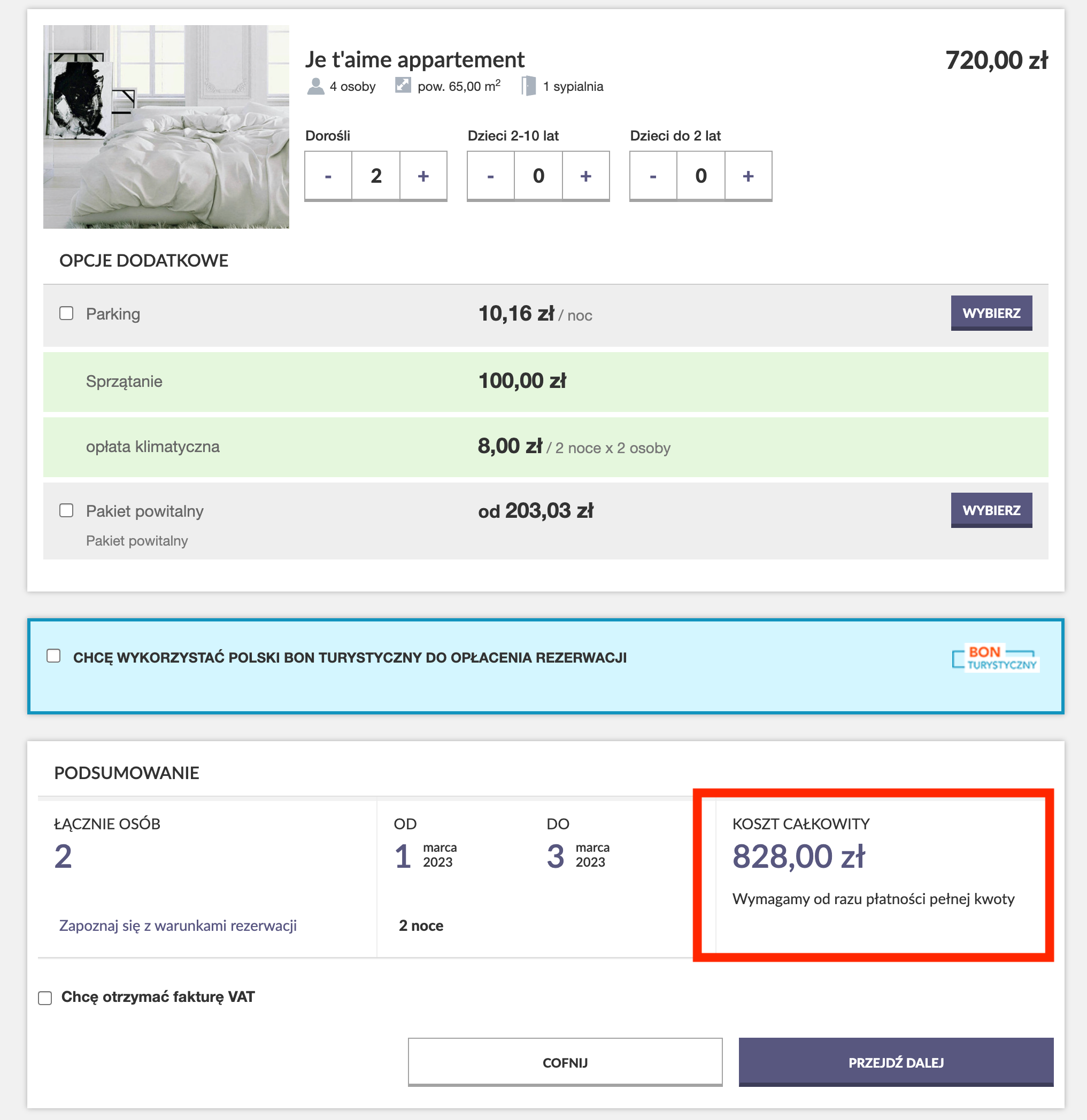 Pokazanie całości ceny w booking engine