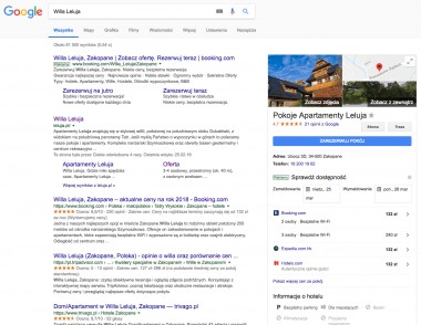 Strona internetowa Willa Leluja w serwisach OTA i wynikach wyszukiwania Google