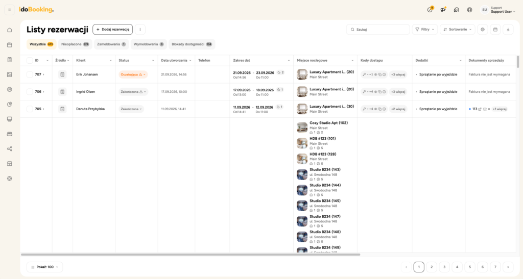 List rezerwacji z kodami dostępu w IdoBooking