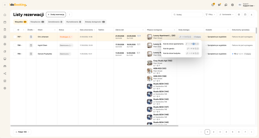List rezerwacji z kodami dostępu w IdoBooking