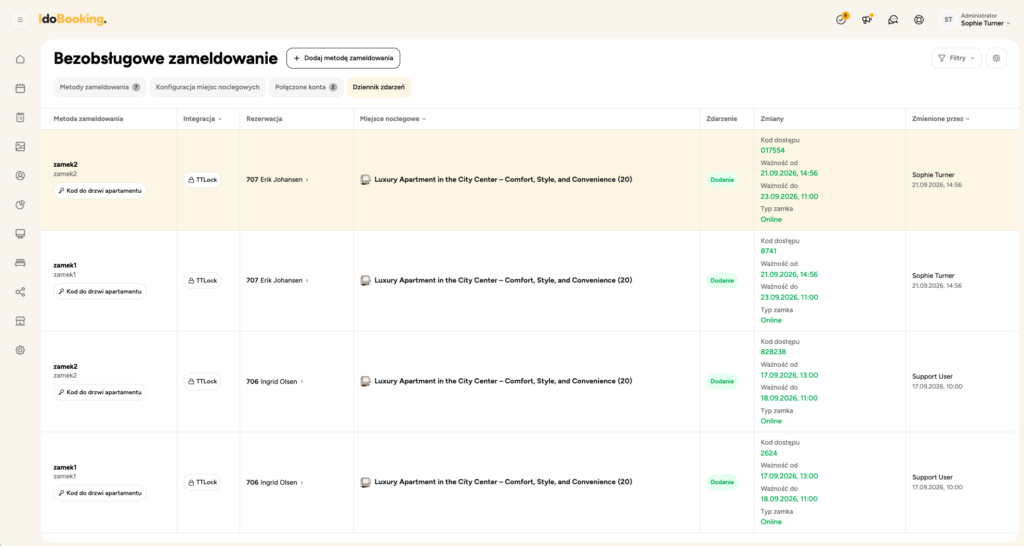 Dziennik zdarzeń z kodami dostępu w IdoBooking