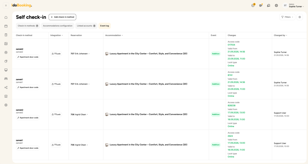 IdoBooking self-check in event log
