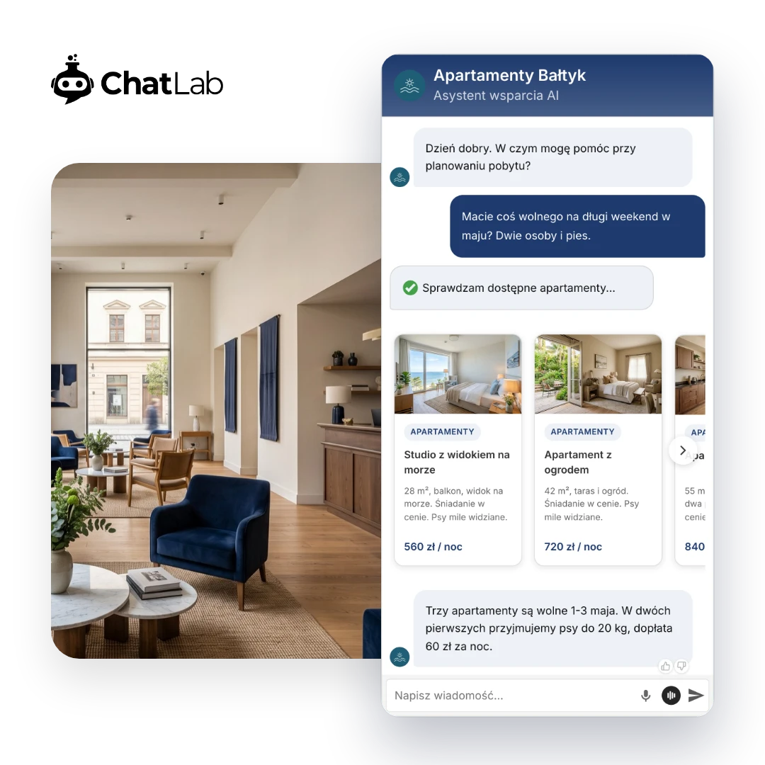 Czat asystenta AI ChatLab z kartami wolnych apartament&oacute;w i cenami